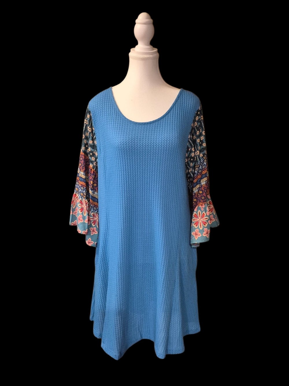 Umgee Sky Blue Waffle Knit Dress with Patterned Bell Sleeves